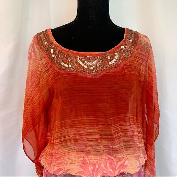 Nichii Beach cover-up sequin Sunset colours short sleeve chiffon kimono blouse - Picture 8 of 12
